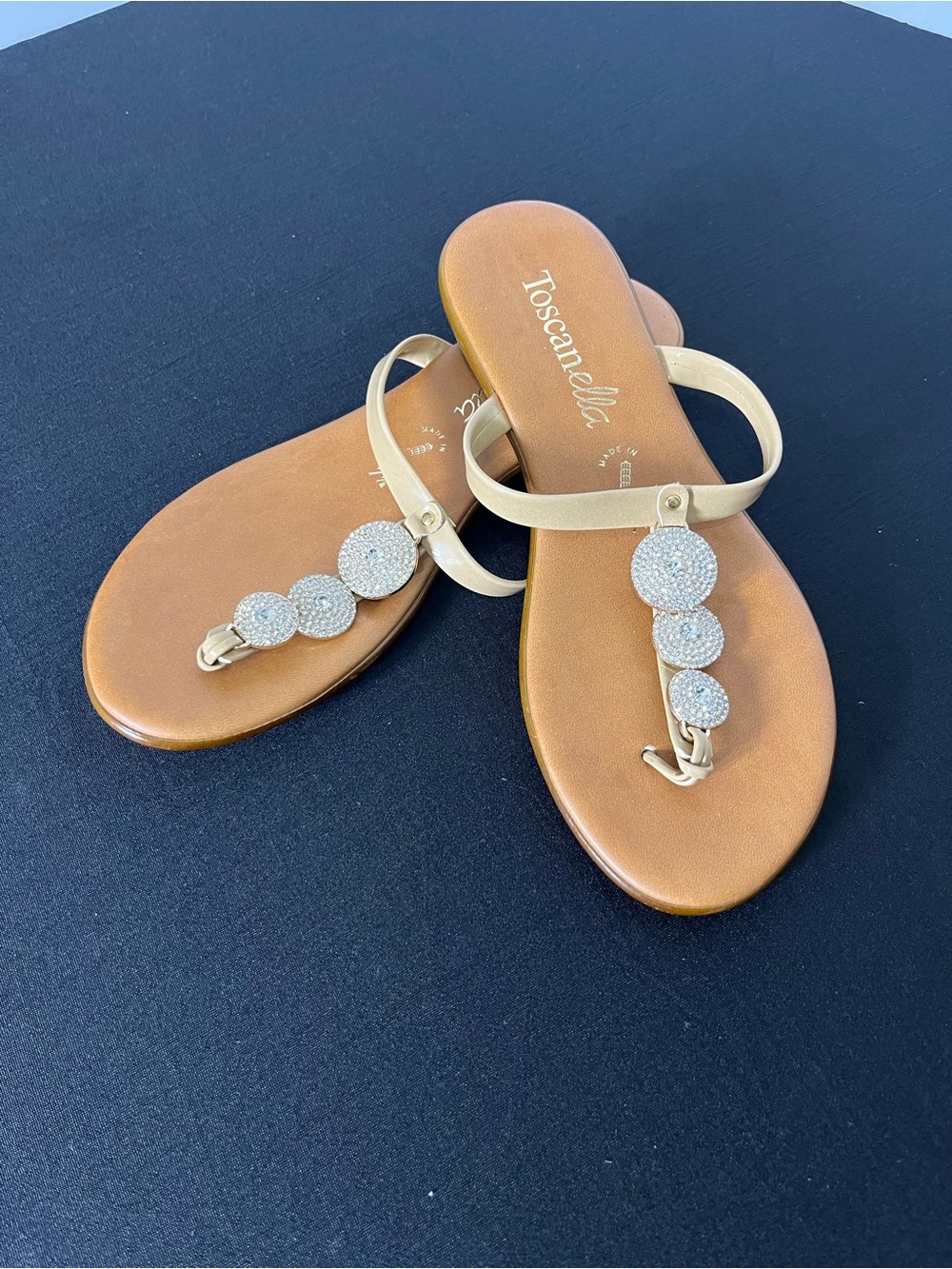 Toscanella Gold Rhinestone T-Strap Sandals